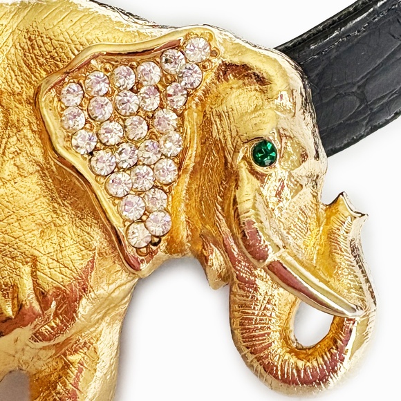 Elephant Belt Buckle with Rhinestones Vintage Retro 1980s with Croc Stamp Strap - Picture 1 of 12